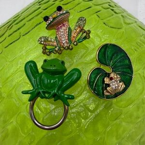 Vintage Frog and Lily Pad Brooches